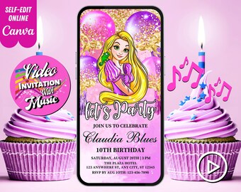May include: A pink and purple birthday invitation with a cartoon image of Rapunzel from the Disney movie Tangled. The invitation says "Let's Party" and includes the text "Join us to celebrate Claudia Blues 10th Birthday". The invitation also includes the date, time, and location of the party.
