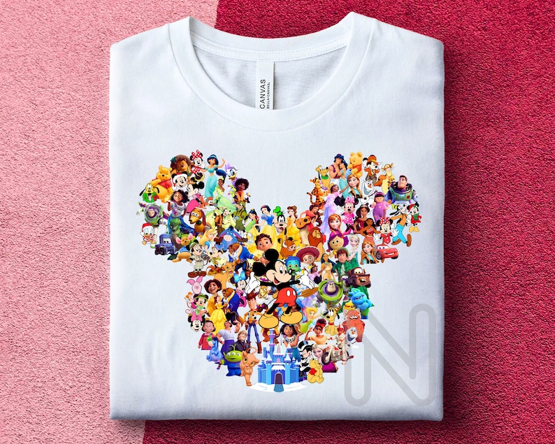 May include: White t-shirt with a colorful Mickey Mouse silhouette made up of various Disney characters. The characters include Mickey Mouse, Minnie Mouse, Donald Duck, Goofy, and many more.