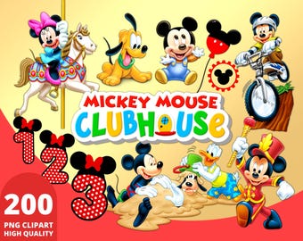 Könnte beinhalten: Ein Set mit 200 hochwertigen PNG-Clipart-Bildern mit Figuren aus der Mickey Mouse Clubhouse. Die Bilder beinhalten Mickey Mouse, Minnie Mouse, Donald Duck, Goofy, Pluto und mehr. Die Bilder sind perfekt zum Erstellen von Einladungen, Partydekorationen und anderen Bastelarbeiten.