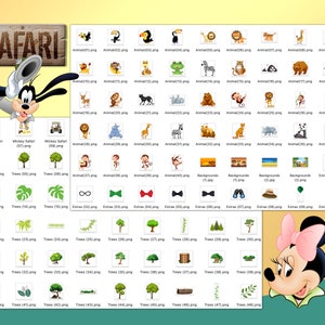 Op de afbeelding: Een kleurrijke digitale clipartset met Mickey Mouse en Minnie Mouse, met een safari-thema. De set bevat afbeeldingen van dieren, bomen, achtergronden en andere safari-gerelateerde elementen. De tekst "SAFARI" wordt weergegeven op een houten bord.
