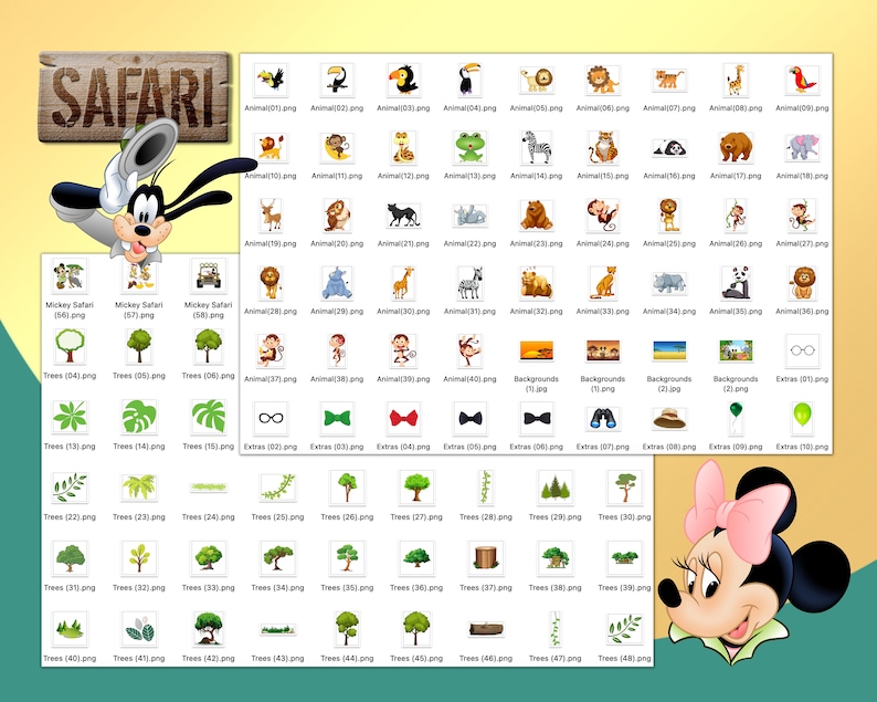 Op de afbeelding: Een kleurrijke digitale clipartset met Mickey Mouse en Minnie Mouse, met een safari-thema. De set bevat afbeeldingen van dieren, bomen, achtergronden en andere safari-gerelateerde elementen. De tekst "SAFARI" wordt weergegeven op een houten bord.