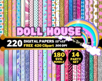 Doll House Friends Digital Papers, Doll House Clipart PNG & SVG, Birthday Wrapping Papers, Doll House Friends Seamless Patterns