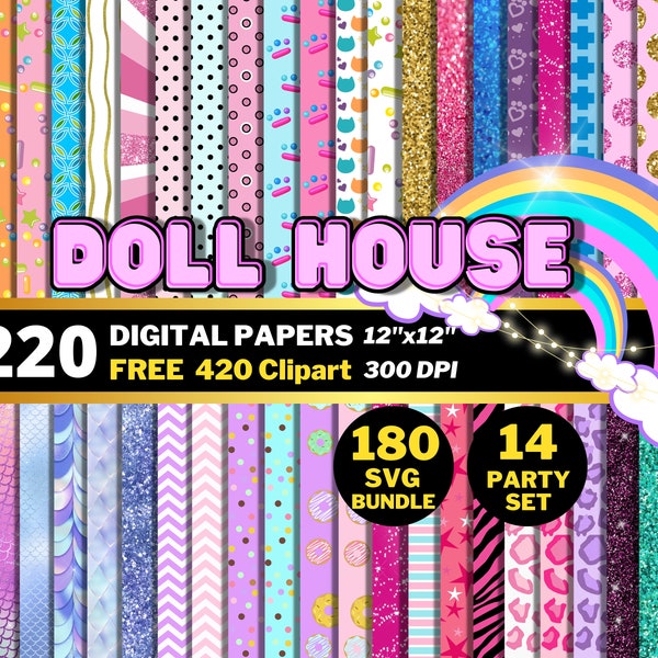 Doll House Friends Digital Papers, Doll House Clipart PNG & SVG, Birthday Wrapping Papers, Doll House Friends Seamless Patterns