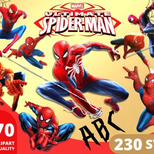K&ouml;nnte beinhalten: Ein Set mit 870 PNG-Clipart-Dateien und 230 SVG-Dateien, die verschiedene Posen von Spiderman in Rot und Blau mit einem schwarzen Spinnennetz-Design zeigen. Das Bild enth&auml;lt den Text "Ultimate Spiderman" und "ABC".