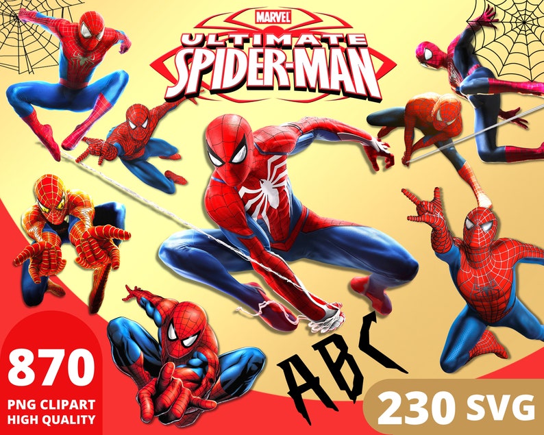 K&ouml;nnte beinhalten: Ein Set mit 870 PNG-Clipart-Dateien und 230 SVG-Dateien, die verschiedene Posen von Spiderman in Rot und Blau mit einem schwarzen Spinnennetz-Design zeigen. Das Bild enth&auml;lt den Text "Ultimate Spiderman" und "ABC".