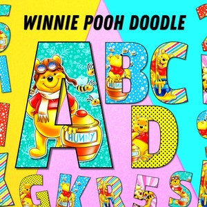 Winnie the Pooh Doodle Alphabet, Pooh Bear Alphabet, Tigger Piglet Doodle Letters, Alphabet PNG Letters, Sublimation Font Designs