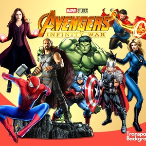 May include: A group of superheroes from the Marvel Cinematic Universe, including Iron Man, Captain America, Thor, Hulk, Black Widow, and Hawkeye, are shown in a colorful illustration. The text "Avengers Infinity War" is displayed at the top of the image.