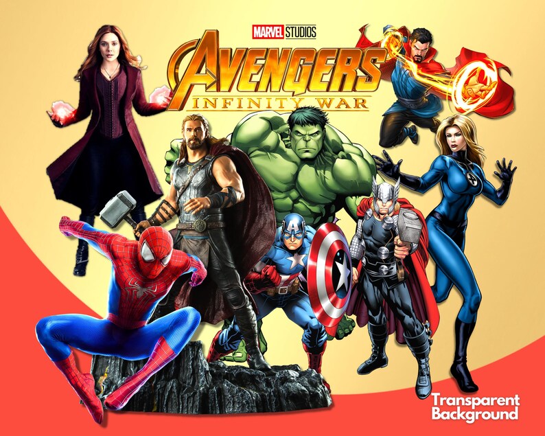May include: A group of superheroes from the Marvel Cinematic Universe, including Iron Man, Captain America, Thor, Hulk, Black Widow, and Hawkeye, are shown in a colorful illustration. The text "Avengers Infinity War" is displayed at the top of the image.