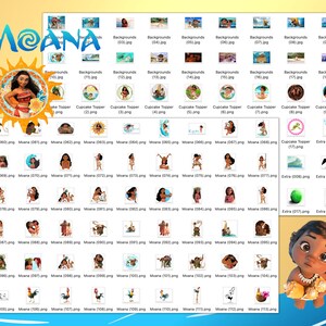 May include: A digital printable set of Moana themed images, including backgrounds, cupcake toppers, and character images. The images are in PNG format and are perfect for crafting and party decorations.
