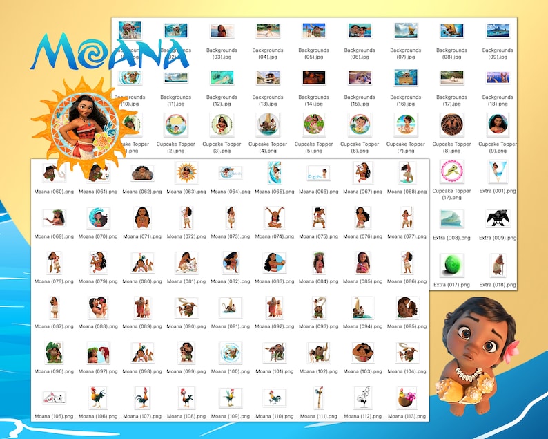 May include: A digital printable set of Moana themed images, including backgrounds, cupcake toppers, and character images. The images are in PNG format and are perfect for crafting and party decorations.