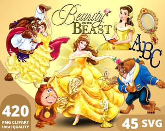 May include: A set of 420 PNG clipart images and 45 SVG files featuring characters from the Disney movie Beauty and the Beast. The images include Belle, Beast, and other characters from the film. The images are high quality and perfect for crafting projects, scrapbooking, and more.