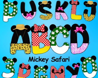Puede incluir: Letras del alfabeto con temática de safari de Mickey Mouse con diferentes patrones y colores. Las letras son A, B, C, D, J, K, L, O, P, S, U e Y. Las letras están decoradas con orejas de Mickey Mouse, lunares, estampado de animales y rayas de cebra.