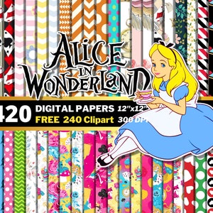 Alice in Wonderland Digital Papers, Princess Alice Clipart PNG, Alice Illustration, Cheshire Cat, Wrapping Papers, Alice Seamless