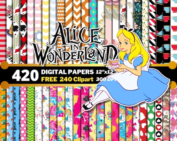 Alice in Wonderland Digital Papers, Princess Alice Clipart PNG, Alice Illustration, Cheshire Cat, Wrapping Papers, Alice Seamless