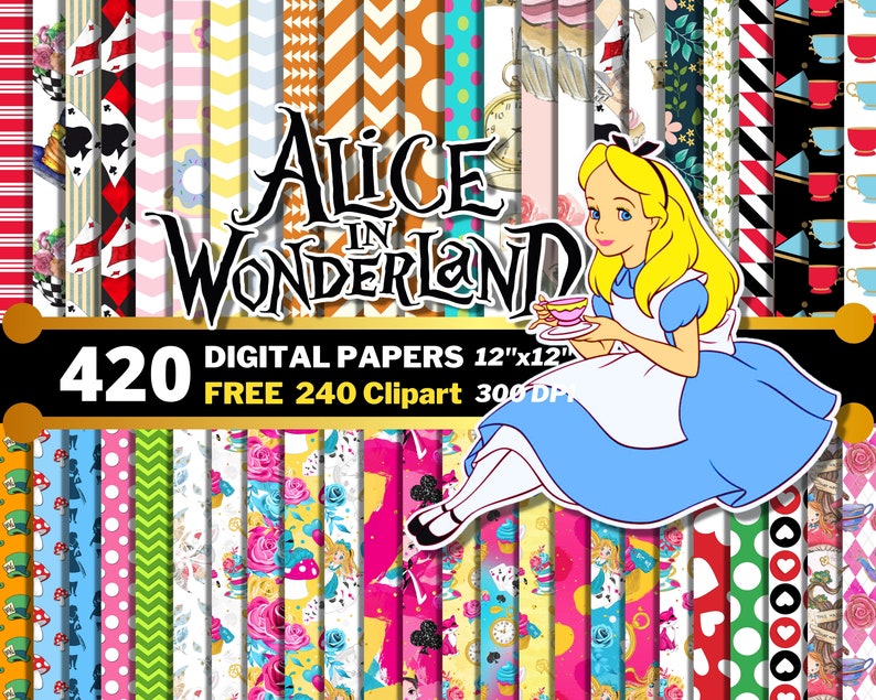 May include: A digital paper pack featuring 420 Alice in Wonderland themed patterns in a variety of colors and designs. The pack also includes 240 free clipart images. The patterns are 12 inches by 12 inches and 300 DPI.