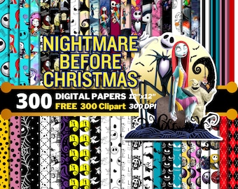 Nightmare Before Christmas Digital Papers, Jack and Sally Clipart PNG, Halloween Skeleton Wrapping Papers, Nightmare Seamless Patterns