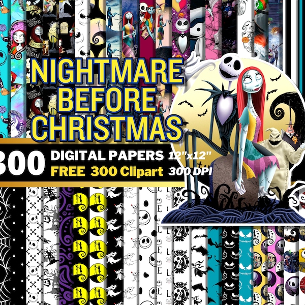 Nightmare Before Christmas Digital Papers, Jack and Sally Clipart PNG, Halloween Skeleton Wrapping Papers, Nightmare Seamless Patterns