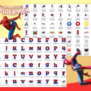 K&ouml;nnte beinhalten: Ein rotes und blaues Alphabet mit dem Wort "The Amazing Spider-Man" oben. Die Buchstaben sind in einer Comic-Schriftart gehalten und von Bildern von Spider-Man umgeben.