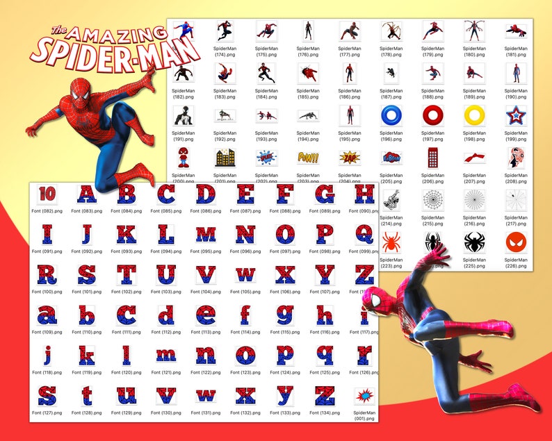 K&ouml;nnte beinhalten: Ein rotes und blaues Alphabet mit dem Wort "The Amazing Spider-Man" oben. Die Buchstaben sind in einer Comic-Schriftart gehalten und von Bildern von Spider-Man umgeben.