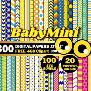BabyMini Digital Papers, Yellow Banana Clipart PNG, Birthday Wrapping Papers, Mini Banana Papers Patterns