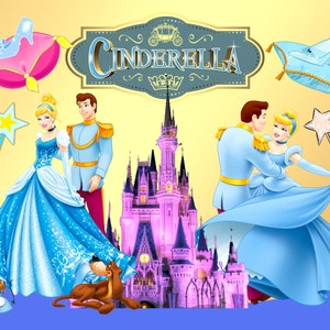 K&ouml;nnte beinhalten: Eine digitale Illustration mit Aschenputtel und Prinz Charming in einer M&auml;rchenkulisse. Das Bild zeigt ein Schloss, einen Glasschuh auf einem Kissen, einen Zauberstab und das Wort "Cinderella". Die Charaktere sind in Blau und Gold gekleidet.