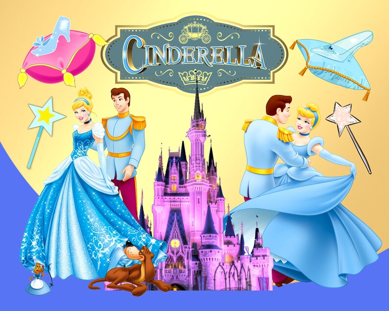 K&ouml;nnte beinhalten: Eine digitale Illustration mit Aschenputtel und Prinz Charming in einer M&auml;rchenkulisse. Das Bild zeigt ein Schloss, einen Glasschuh auf einem Kissen, einen Zauberstab und das Wort "Cinderella". Die Charaktere sind in Blau und Gold gekleidet.