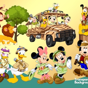 Op de afbeelding: Een kleurrijke illustratie van Mickey Mouse, Minnie Mouse, Donald Duck, Goofy en andere Disney-figuren die safari-outfits dragen. De figuren zijn omringd door een jungle-sc&egrave;ne met een jeep en een leeuw.
