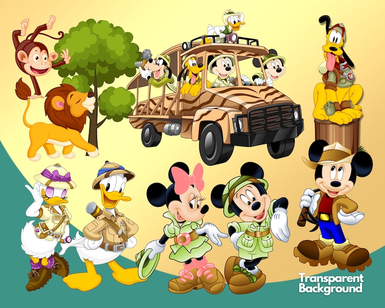 Op de afbeelding: Een kleurrijke illustratie van Mickey Mouse, Minnie Mouse, Donald Duck, Goofy en andere Disney-figuren die safari-outfits dragen. De figuren zijn omringd door een jungle-sc&egrave;ne met een jeep en een leeuw.