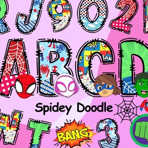 Spidey Doodle Alphabet, Spidey und seine erstaunlichen Freunde, Superheld Spidey, Alphabet-Buchstaben, Spidey-Sublimationsschrift