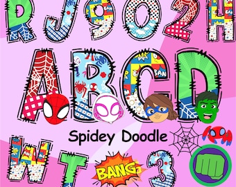 Spidey Doodle Alphabet, Spidey and his Amazing Friends, Superhero Spidey, Alphabet Letters, Spidey Sublimation Font
