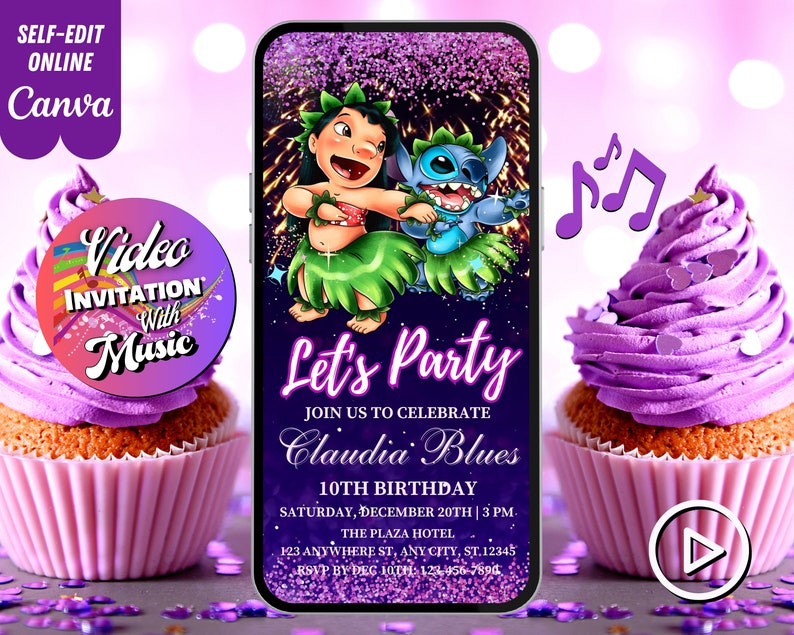 Lilo and Stitch Birthday Video Invitation, Lilo Stitch Musical Video, Editable Template, Any Age, DIY Musical Video Evites image 1