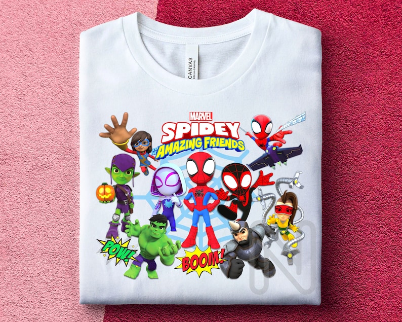 Peut inclure: T-shirt blanc avec un graphisme color&eacute; de Spider-Man et ses amis du dessin anim&eacute; Marvel Spidey and His Amazing Friends. Le graphisme comprend le texte "MARVEL SPIDEY AMAZING FRIENDS".
