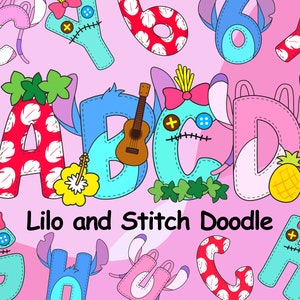 Alfabeto scarabocchio di Lilo e Stitch, alfabeto dei personaggi di Stitch e Angel, lettere di San Valentino di Stitch, alfabeto PNG, design di caratteri a sublimazione