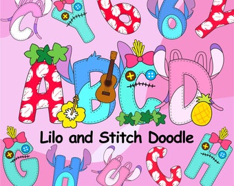 Lilo and Stitch Doodle Alphabet, Stitch and Angel Character Alphabet, Stitch Valentines Letters, Alphabet PNG, Sublimation Font Designs