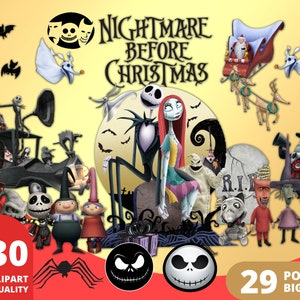 May include: A collection of 330 high-quality PNG clipart images featuring characters from the movie "Nightmare Before Christmas". The images include Jack Skellington, Sally, Zero, Oogie Boogie, and more. The text "Nightmare Before Christmas" is displayed at the top of the image. There are 29 poster-sized images included.