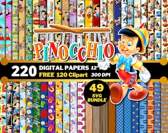 Pinocchio Digital Papers, Pinocchio Clipart PNG, SVG Bundle, Geppetto Figaro Jiminy Cricket, Pinocchio Seamless Patterns