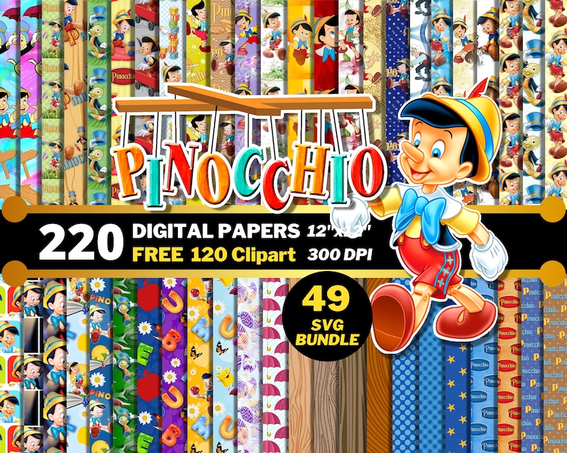 Pinocchio Digital Papers, Pinocchio Clipart PNG, SVG Bundle, Geppetto ...