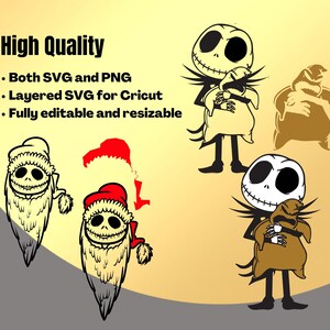 K&ouml;nnte beinhalten: Ein digitales Design mit einer Schwarzwei&szlig;illustration eines Charakters aus dem Film Nightmare Before Christmas. Der Charakter tr&auml;gt einen Weihnachtsmann-Hut und h&auml;lt einen braunen Sack. Das Design ist sowohl im SVG- als auch im PNG-Format verf&uuml;gbar und vollst&auml;ndig editierbar und skalierbar.