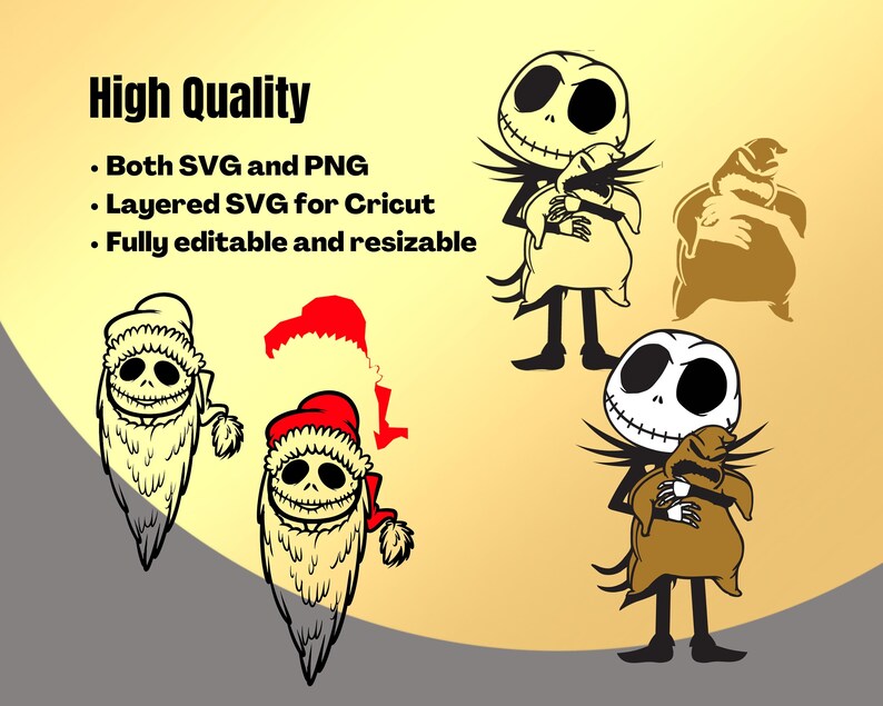 K&ouml;nnte beinhalten: Ein digitales Design mit einer Schwarzwei&szlig;illustration eines Charakters aus dem Film Nightmare Before Christmas. Der Charakter tr&auml;gt einen Weihnachtsmann-Hut und h&auml;lt einen braunen Sack. Das Design ist sowohl im SVG- als auch im PNG-Format verf&uuml;gbar und vollst&auml;ndig editierbar und skalierbar.