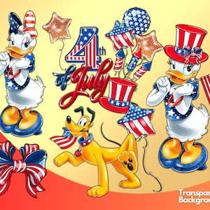 Op de afbeelding: Een digitale clipart-afbeelding met een rood-wit-blauw 4 juli-thema. De afbeelding bevat twee cartoon-eenden die rood-wit-blauwe outfits dragen, een cartoon-hond die een rood-wit-blauwe bandana draagt en een rood-wit-blauwe strik. De afbeelding bevat ook een rood-wit-blauwe stervormige ballon, een rood-wit-blauwe hoge hoed en een rood-wit-blauwe vlag.