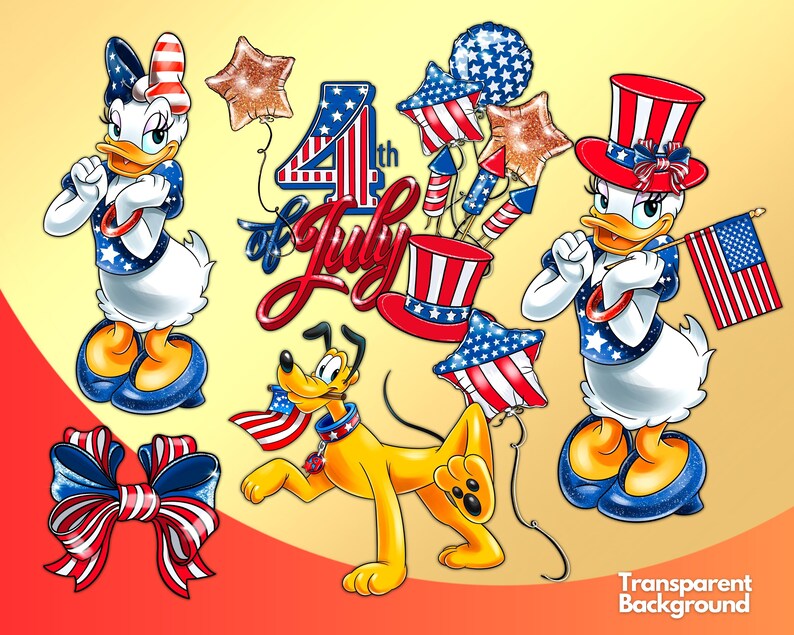 Op de afbeelding: Een digitale clipart-afbeelding met een rood-wit-blauw 4 juli-thema. De afbeelding bevat twee cartoon-eenden die rood-wit-blauwe outfits dragen, een cartoon-hond die een rood-wit-blauwe bandana draagt en een rood-wit-blauwe strik. De afbeelding bevat ook een rood-wit-blauwe stervormige ballon, een rood-wit-blauwe hoge hoed en een rood-wit-blauwe vlag.