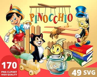 Pinocho Clipart PNG, Pinocho SVG, Geppetto Figaro Jiminy Cricket, Regalos de cumpleaños para niños, Dibujos animados de Pinocho