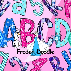 Frozen Doodle Alphabet, Frozen Character Alphabet, Princess Frozen Elsa Olaf, Doodle Letters, Alphabet Letters, Sublimation Fonts