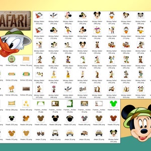 Op de afbeelding: Een verzameling digitale afbeeldingen met Mickey Mouse en Donald Duck in safari-outfits. De afbeeldingen tonen verschillende poses, uitdrukkingen en accessoires, zoals hoeden, jeeps en dierenprints. De afbeeldingen zijn gelabeld met bestandsnamen en nummers, wat suggereert dat ze deel uitmaken van een grotere set.