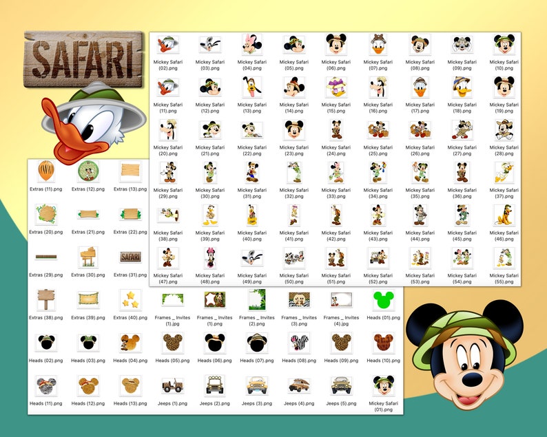Op de afbeelding: Een verzameling digitale afbeeldingen met Mickey Mouse en Donald Duck in safari-outfits. De afbeeldingen tonen verschillende poses, uitdrukkingen en accessoires, zoals hoeden, jeeps en dierenprints. De afbeeldingen zijn gelabeld met bestandsnamen en nummers, wat suggereert dat ze deel uitmaken van een grotere set.