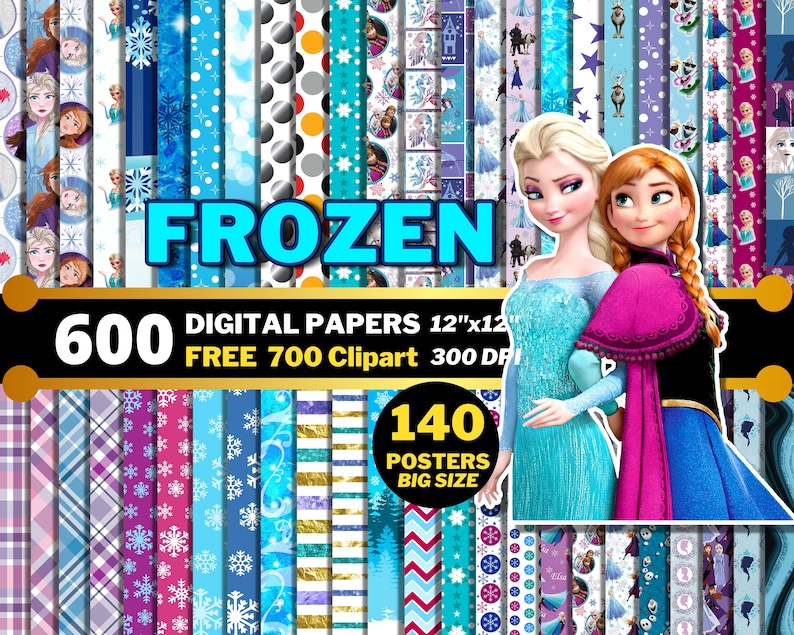Op de afbeelding: Een digitaal papierpakket met 600 Frozen-themaontwerpen, 140 posters en 700 clipart-afbeeldingen. De afbeelding toont een collage van verschillende patronen, waaronder sneeuwvlokken, sterren en geometrische vormen in tinten blauw, paars en roze. De personages Elsa en Anna uit de film Frozen staan prominent in het midden van de afbeelding.