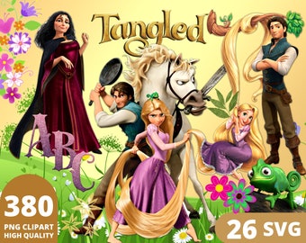 Op de afbeelding: Een set van 380 PNG clipart-afbeeldingen en 26 SVG-bestanden met personages uit de Disney-film Tangled. De afbeeldingen bevatten Rapunzel, Flynn Rider, Moeder Gothel, Pascal de kameleon en Maximus het paard. De afbeeldingen zijn geplaatst tegen een achtergrond van bloemen en groen.