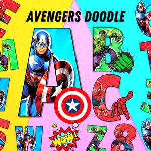 Alfabeto de garabatos de los Vengadores de Marvel, Spider-Man, Capitán América, Hulk, letras de garabatos de los Vengadores, fuente del alfabeto de Marvel