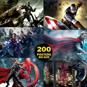 May include: A collage of superhero movie posters featuring characters like Captain America, Thor, Iron Man, Hulk, and Spider-Man. The posters are arranged in a grid pattern and feature a variety of action-packed scenes. The text "200 Posters Big Size" is displayed in the center of the collage.