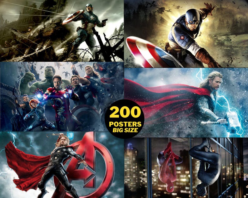 May include: A collage of superhero movie posters featuring characters like Captain America, Thor, Iron Man, Hulk, and Spider-Man. The posters are arranged in a grid pattern and feature a variety of action-packed scenes. The text "200 Posters Big Size" is displayed in the center of the collage.